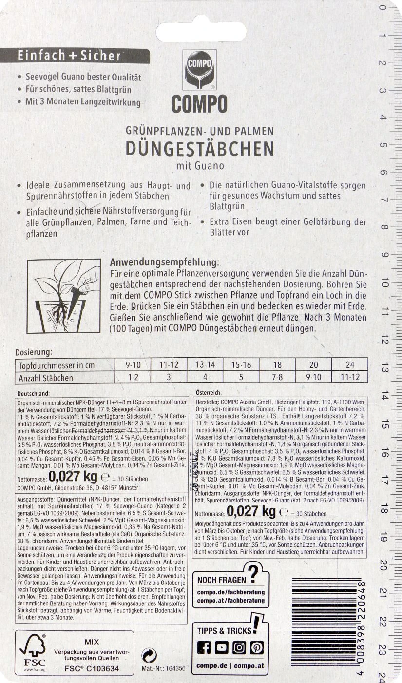 Compo Grünpflanzen- Und Palmen Düngestäbchen Mit Guano - 30 Stück – Bild 2